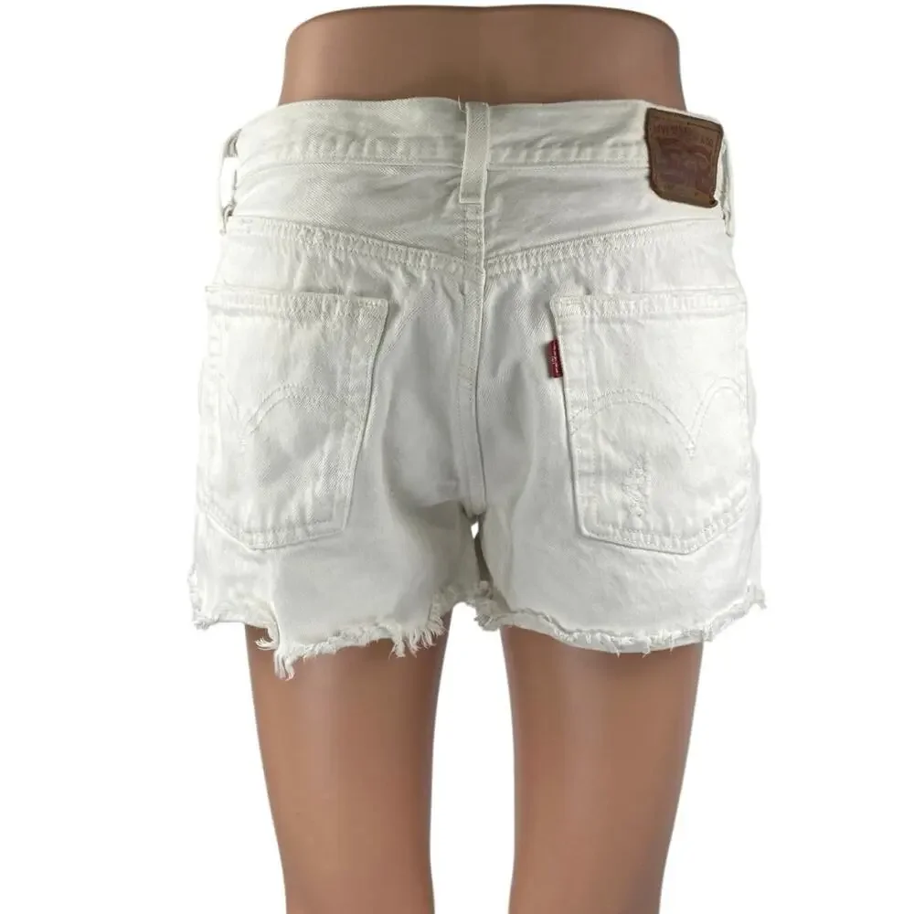Levi's Women's White High Waisted Distressed Cut Off Denim Jean Shorts Size 28
